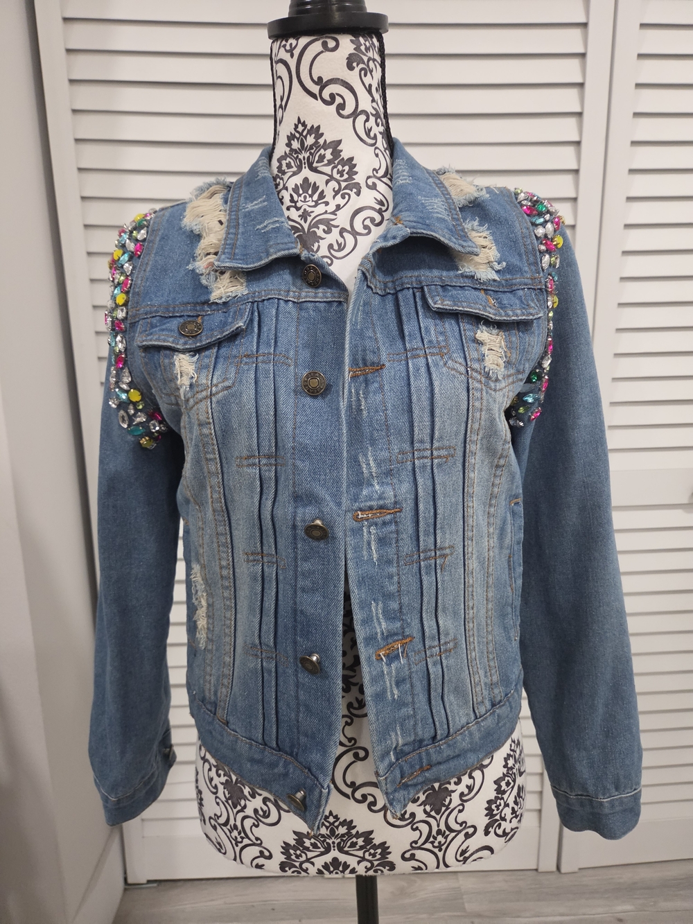 Lulumari Blue Distressed Denim Jacket with Multicolor Beaded Shoulders